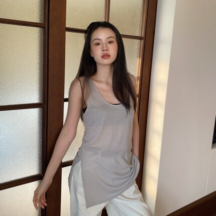 叠穿百搭薄款灰色背心简约松弛感无袖宽松圆领上衣