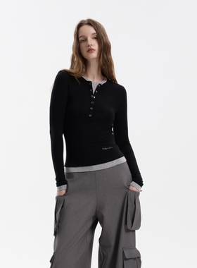 Three Quarters 24AW黑色时尚假两件羊毛针织亨利领打底T恤上衣女