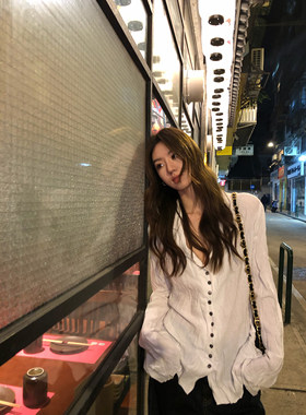 Gakee official古巴领褶皱衬衫女春季款肌理感松弛风休闲宽松上衣