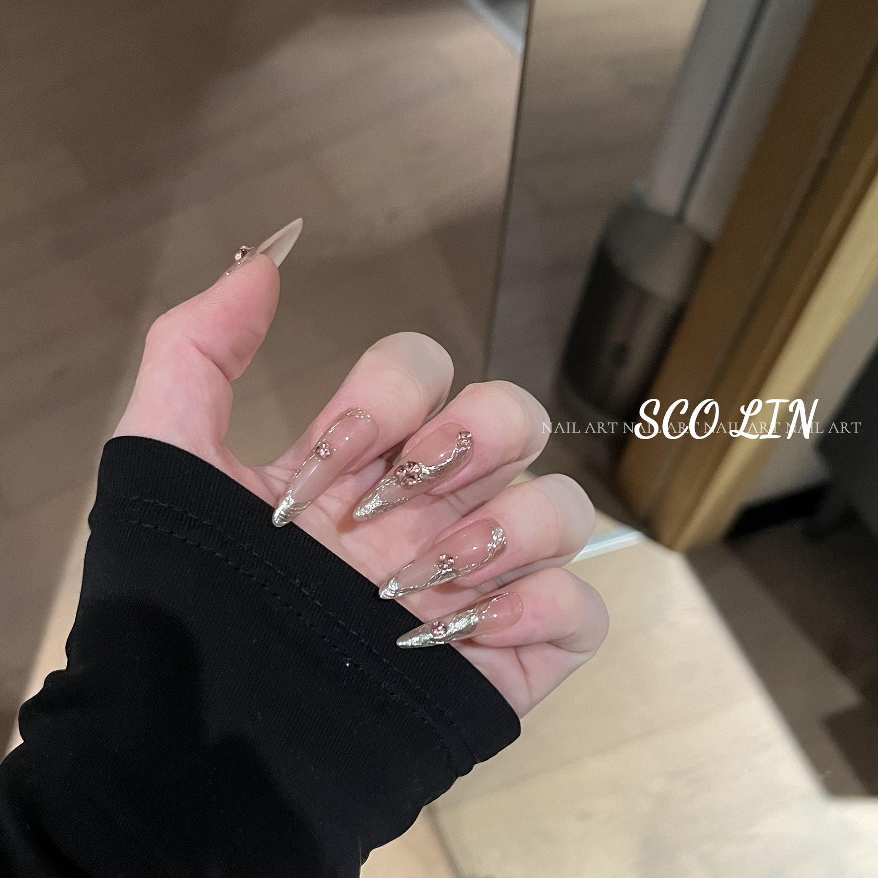 ScoLin【妥妥纯欲】粉嫩腮红褶皱法式 施华洛 超长杏仁手工穿戴甲