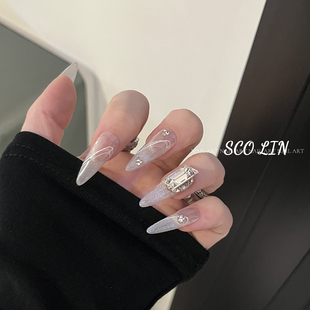 LinLin【碎冰】手工定制穿戴甲猫眼渐变线条东洲冰糖钻球长水滴