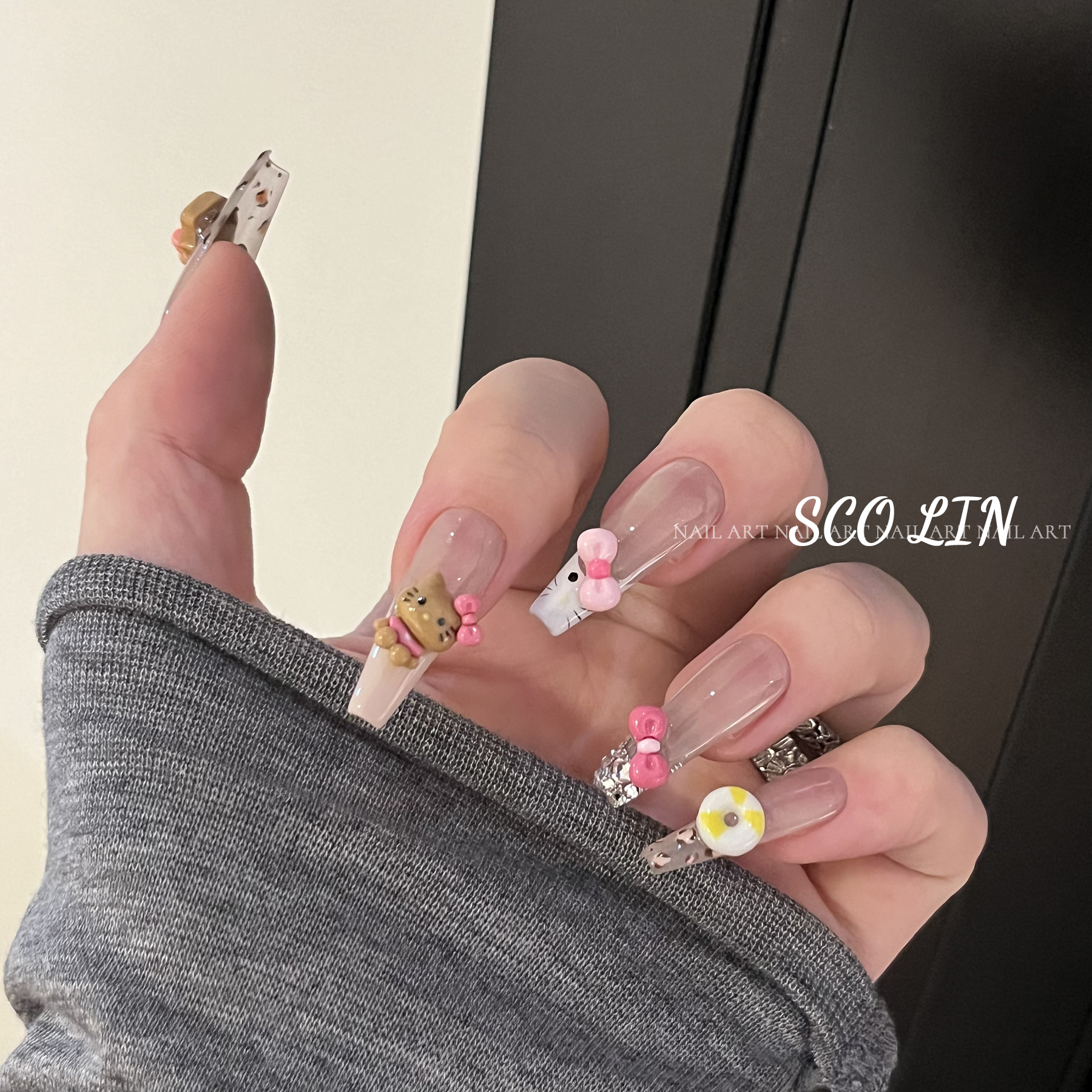 豹纹法式线条超长芭蕾手工穿戴甲