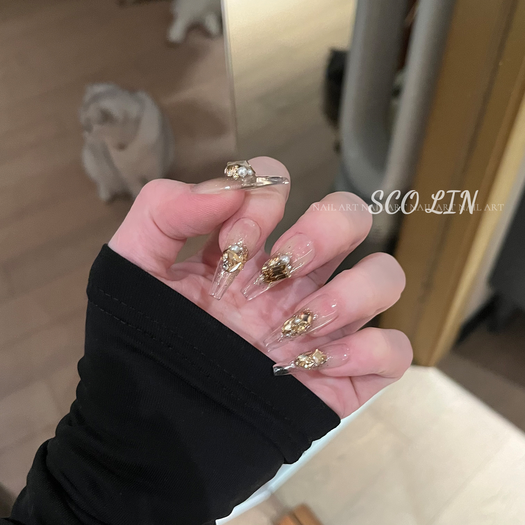 冰透金色长芭蕾手工定制穿戴甲