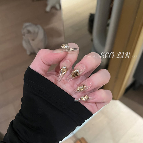 冰透金色长芭蕾手工定制穿戴甲
