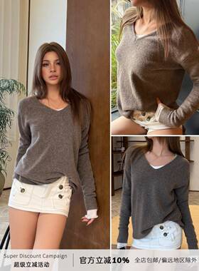 Audwyn羊毛V领毛衣女早秋宽松显瘦慵懒风软糯百搭纯色外穿针织衫