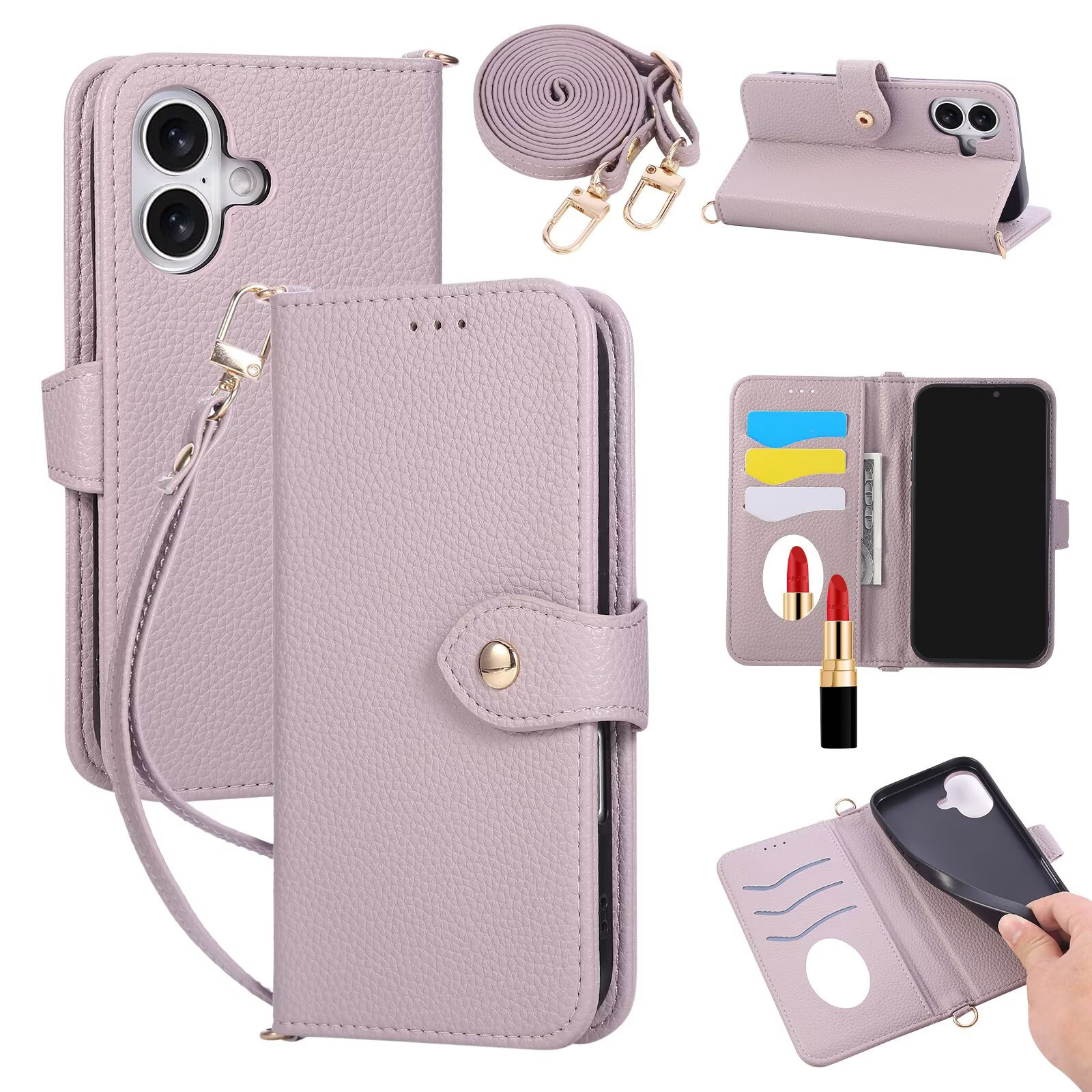 荔枝纹叶子扣化妆镜子适用iPhone17air/16e/15/14plus斜挎苹果13/12/11promax/7/8G翻盖手机壳皮套