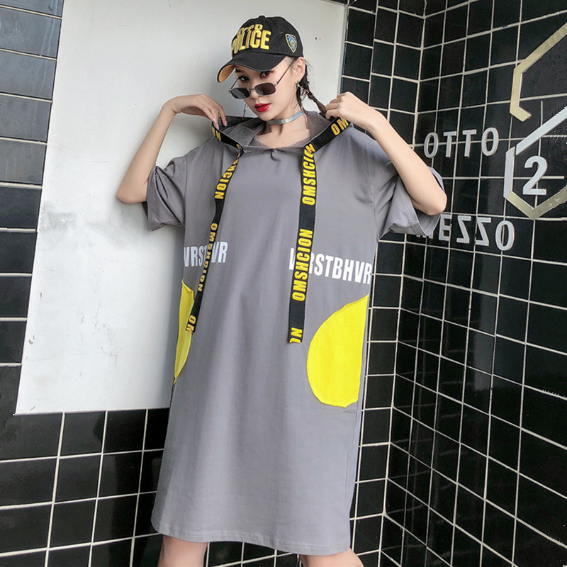 欧洲站带帽t恤女短袖港风高腰上衣中长款过膝连衣裙女裙大码洋气