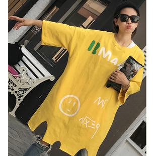 中长款肩宽显瘦上衣女ins超火半袖春夏季潮流宽松麻棉长t恤连衣裙