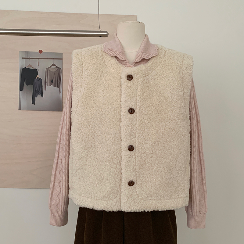 韩系2025秋冬新款叠穿坎肩马甲外套女加厚保暖羊羔毛无袖复古上衣