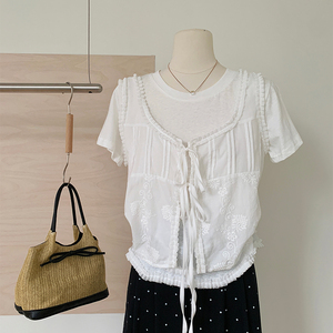 韩系2025春夏新款圆领刺绣T恤女短袖宽松显瘦上衣马甲两件套装