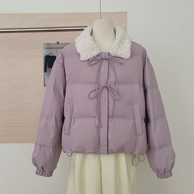韩系2025秋冬新款蝴蝶结紫色羊羔毛羽绒服女百搭宽松宽松显瘦外套