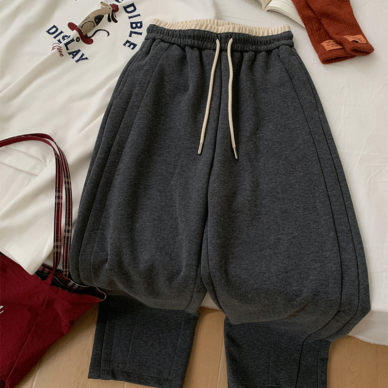 韩系2025秋冬新款加绒加厚弯刀裤抽绳阔腿气质通勤宽松休闲卫裤女