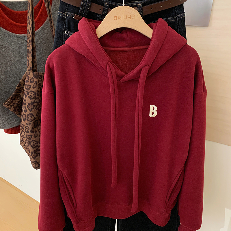 韩系2025秋冬新款酒红色连帽卫衣女加绒加厚宽松通勤长袖显瘦外套
