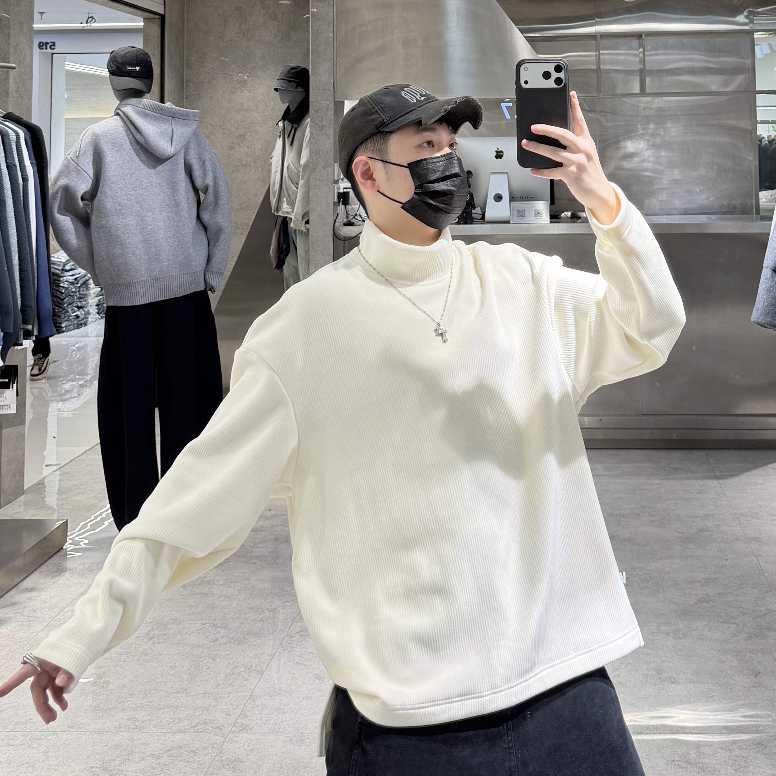 潮牌冬季加绒高领卫衣男ins日系纯色肌理感宽松青年保暖内搭潮T