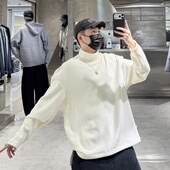 潮牌冬季 加绒高领卫衣男ins日系纯色肌理感宽松青年保暖内搭潮T