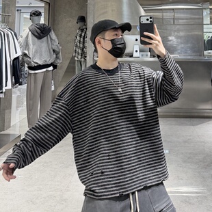 潮牌秋冬重磅长袖T恤男ins美式复古条纹撞色磨破宽松青年帅气卫衣