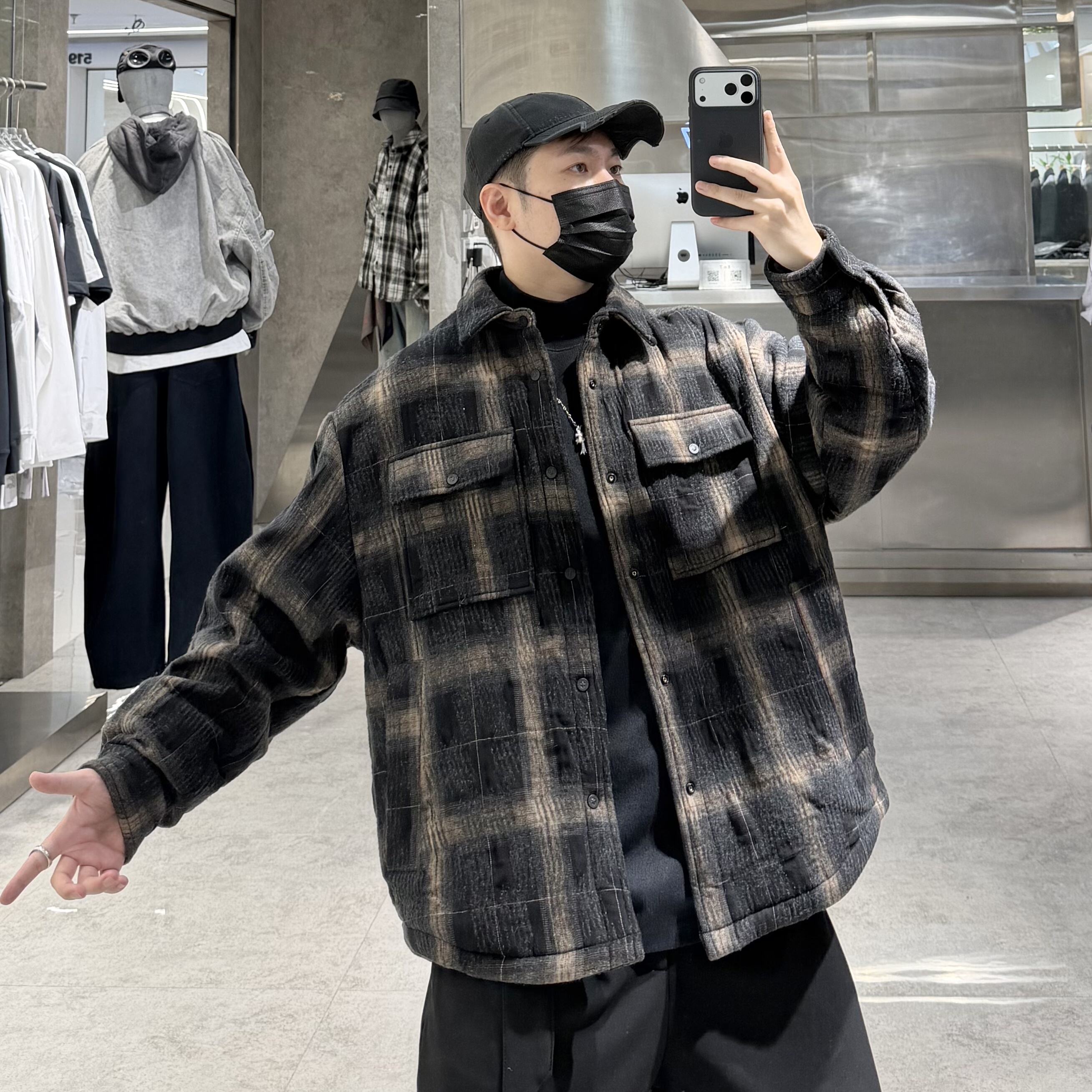 潮牌冬季衬衣款羽绒服男ins韩版格纹撞色宽松青年帅气保暖羽绒衣