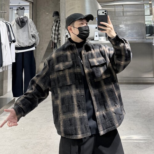 潮牌冬季衬衣款羽绒服男ins韩版格纹撞色宽松青年帅气保暖羽绒衣