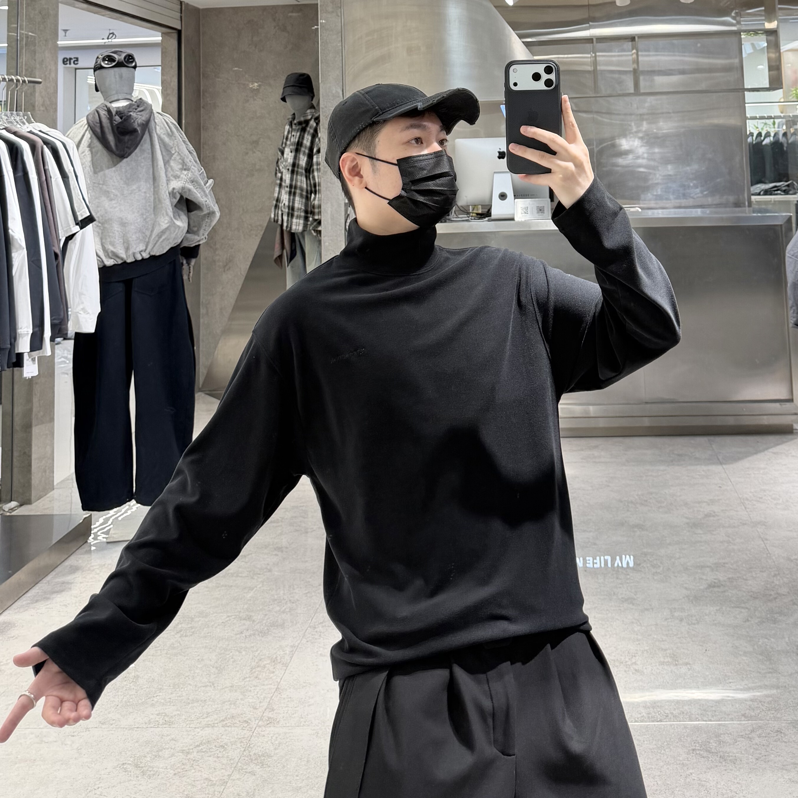 潮牌冬季半高领长袖T恤男ins韩版纯色字母刺绣宽松青年保暖内搭t