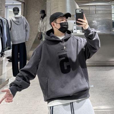 潮牌冬季重磅加厚连帽卫衣男ins美式字母刺绣宽松青年保暖帽衫潮