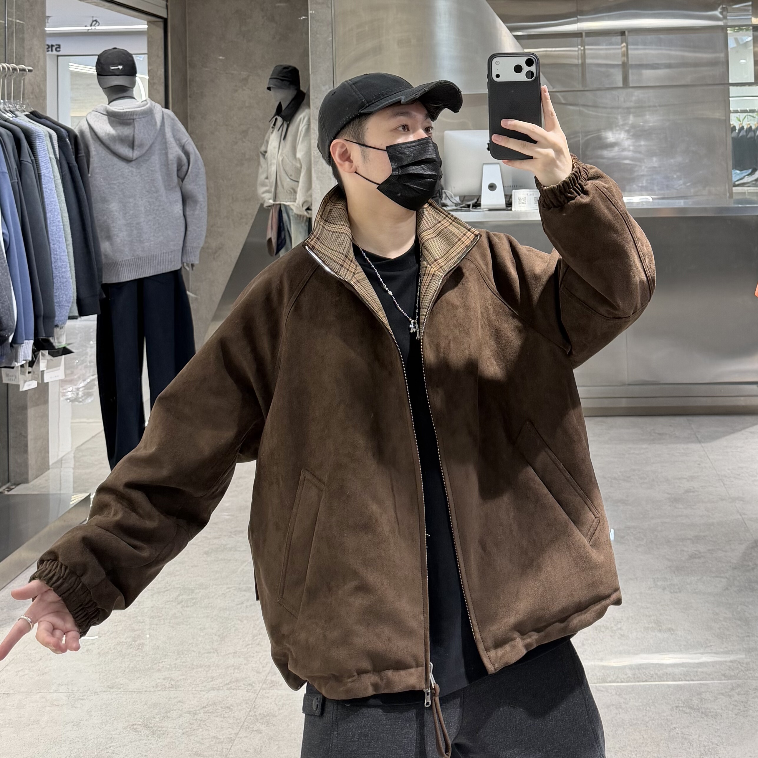 潮牌冬季立领羽绒服男韩版麂皮绒两面穿格纹撞色宽松青年保暖夹克