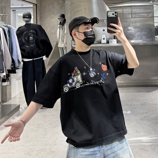 潮牌26春夏重磅短袖 T恤男ins国潮手绘卡通涂鸦宽松青年情侣半袖