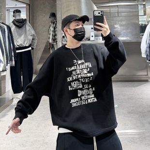 潮牌冬季 做旧字母印花宽松青年青年保暖上衣潮 加绒圆领卫衣男美式
