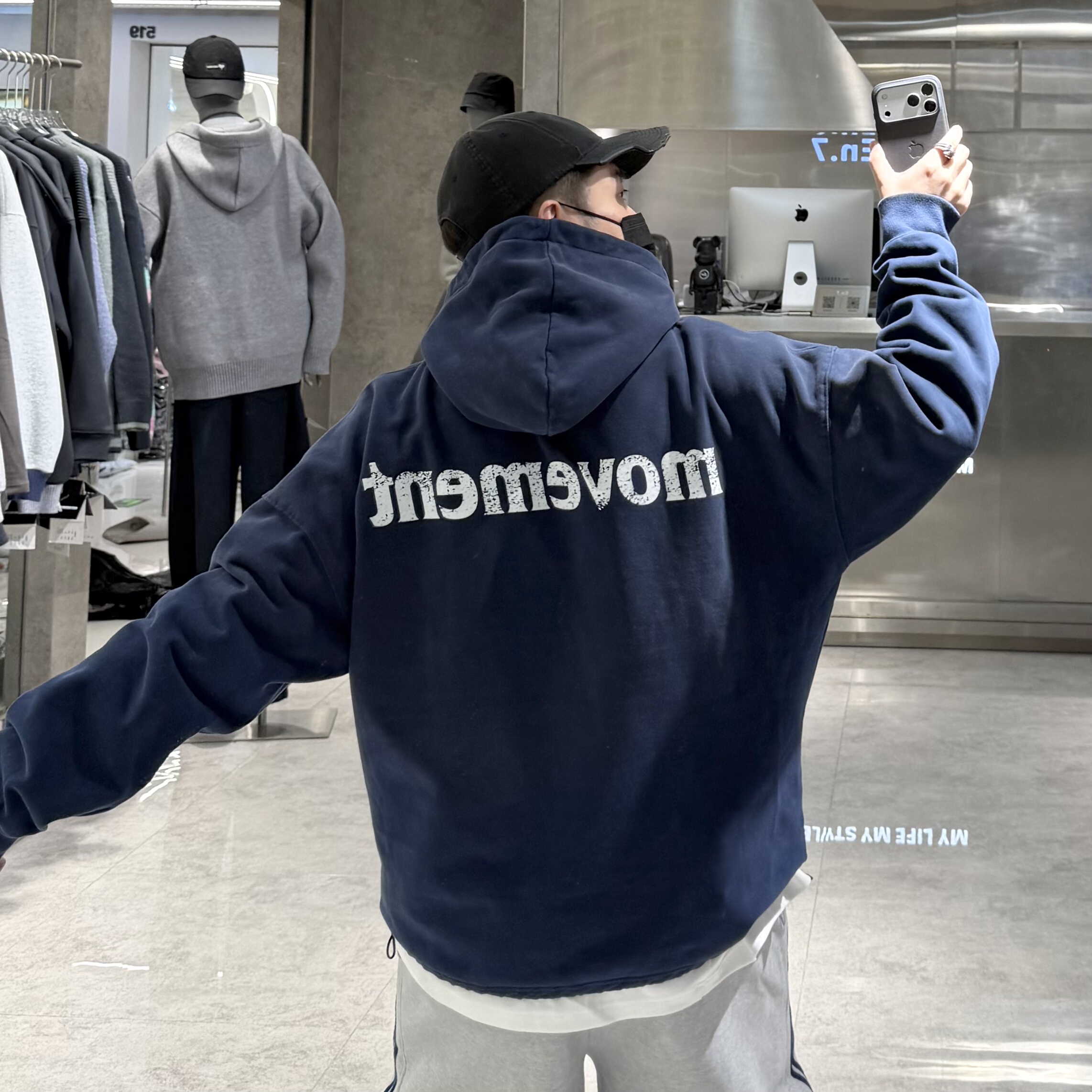 潮牌冬季重磅加绒连帽卫衣男美式做旧字母印花宽松青年保暖帽衫潮