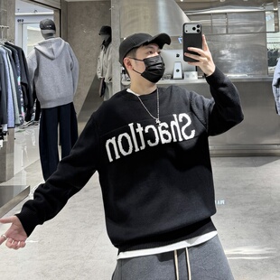 潮 巴字母提花宽松青年保暖帅气针织衫 潮牌冬季 重磅圆领毛衣男美式