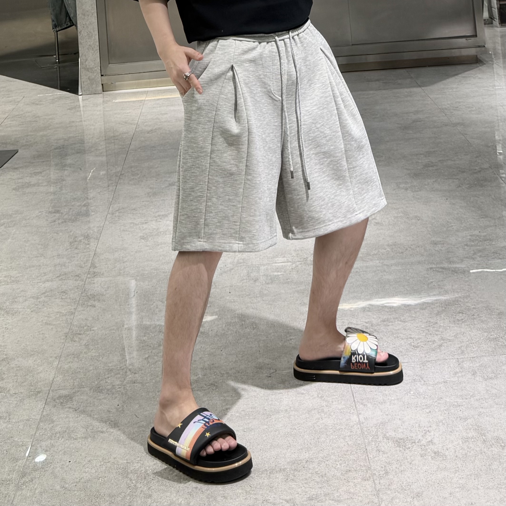潮牌夏季直筒短裤男ins韩版纯色结构拼接宽松青年帅气百搭五分裤