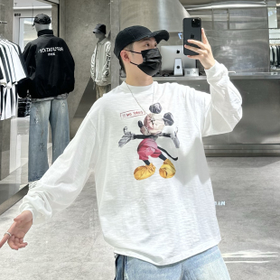 潮牌秋季 T恤男ins国潮卡通米奇印花宽松青年情侣竹节棉卫衣t 长袖