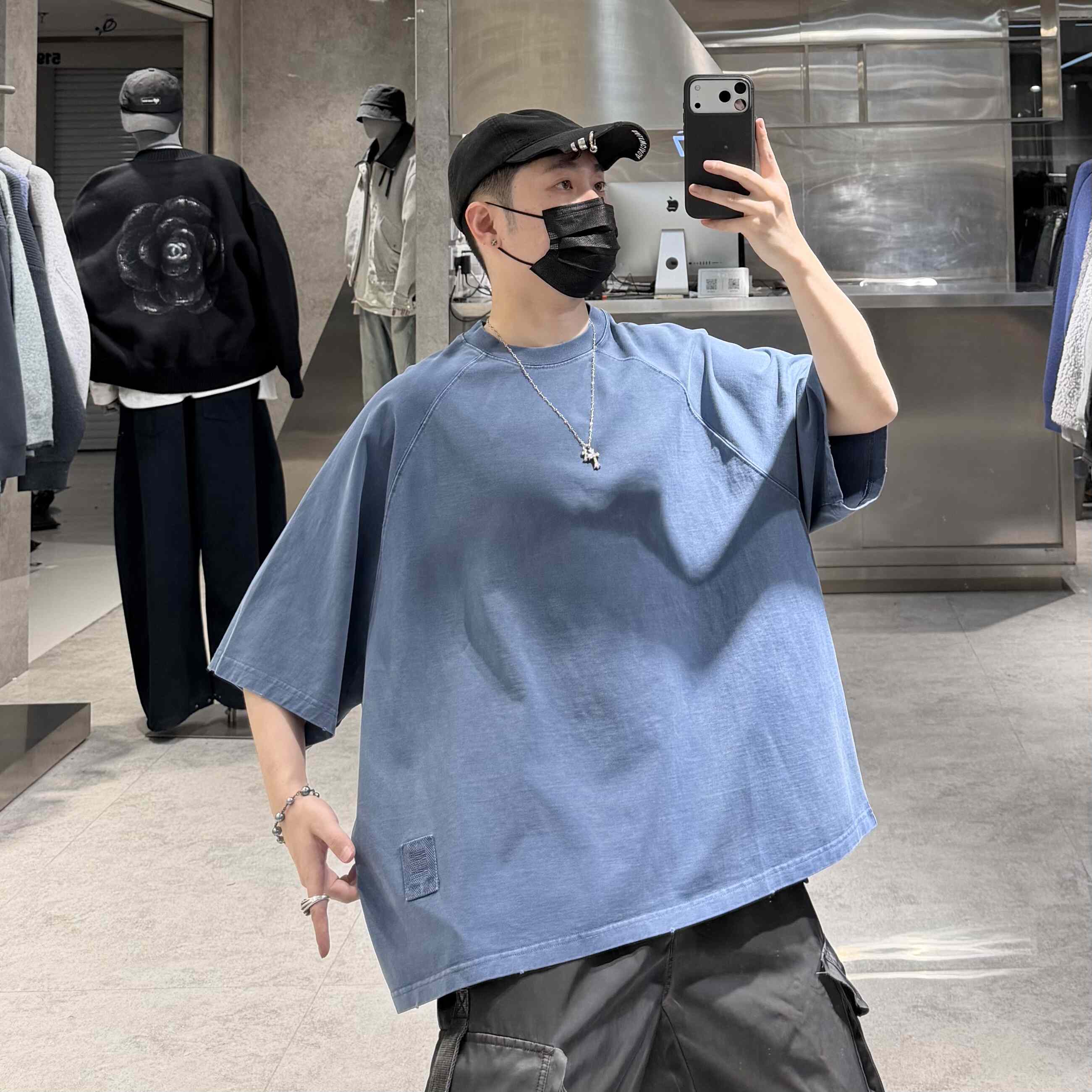 潮牌夏季情侣短袖T恤男ins韩版水洗做旧蝙蝠袖宽松青年帅气半袖t