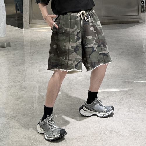 潮牌夏季短裤男ins美式复古做旧迷彩毛边宽松青年帅气百搭五分裤