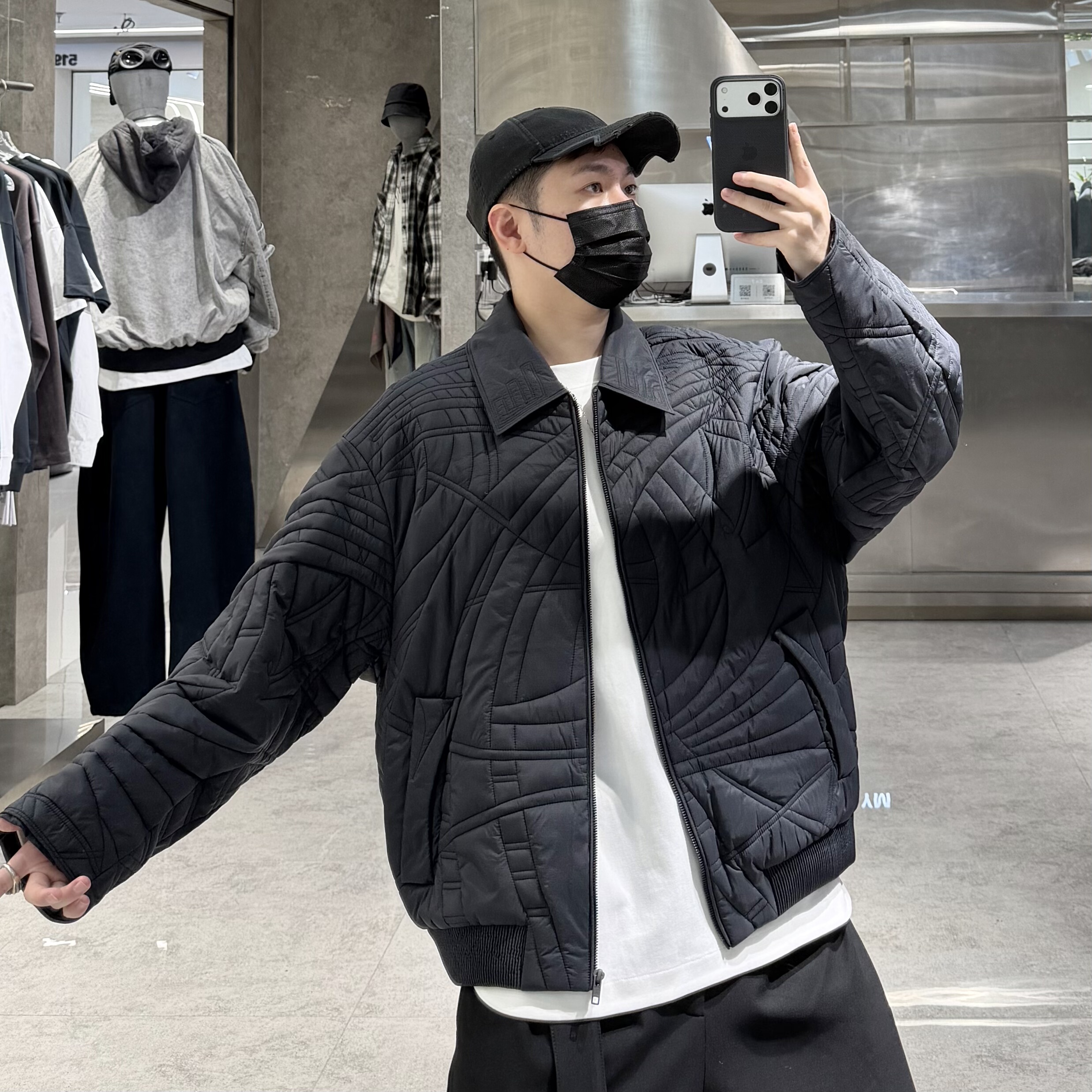 潮牌秋冬轻薄翻领棉服男韩版轻奢几何镭射线条拼接宽松青年薄棉衣