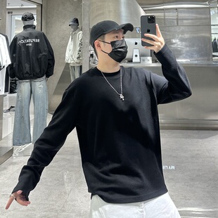 潮牌秋季长袖T恤男ins韩版纯色肌理纹路高级感宽松青年帅气内搭t