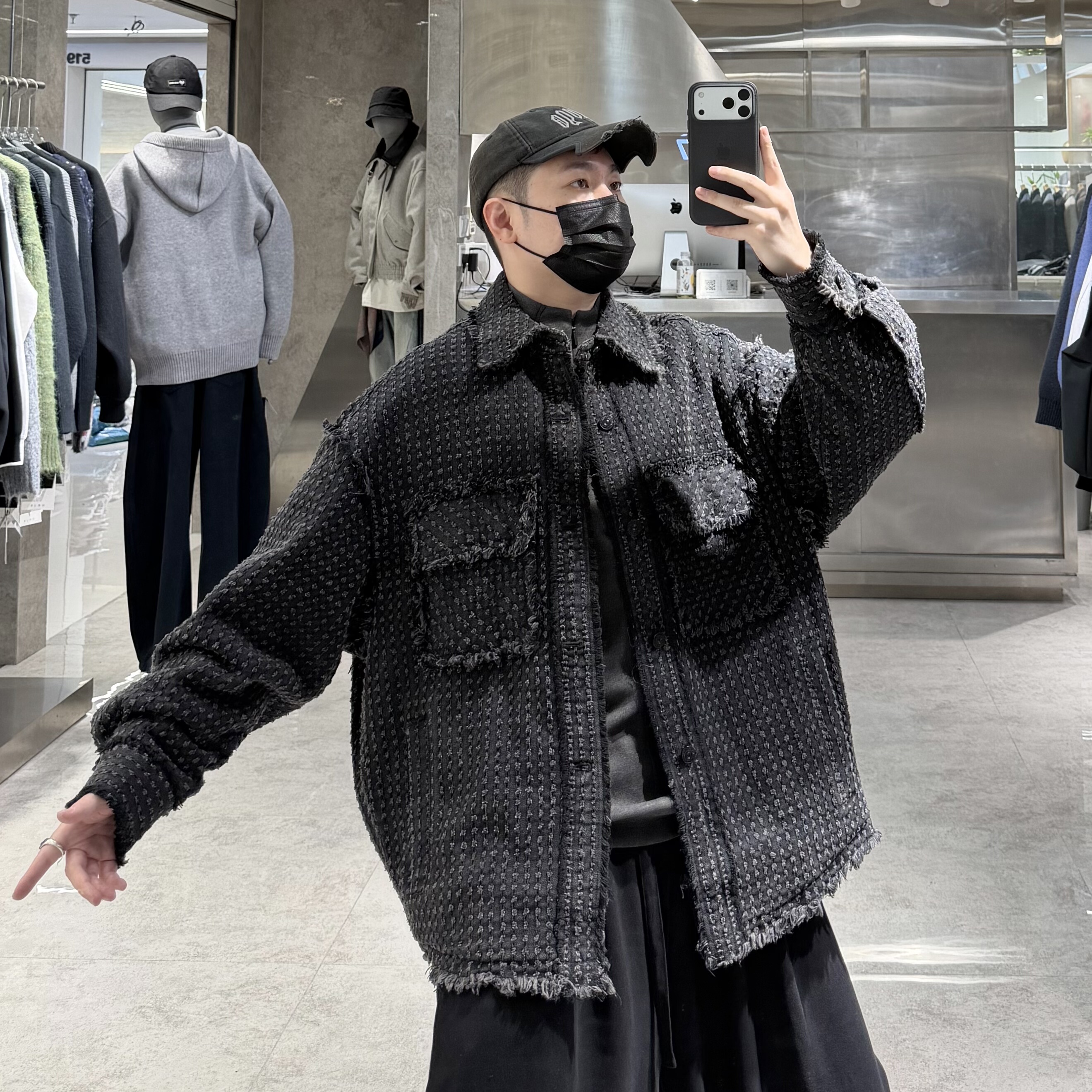 潮牌冬季衬衣款羽绒服男美式复古工装做旧毛边宽松青年保暖羽绒衣