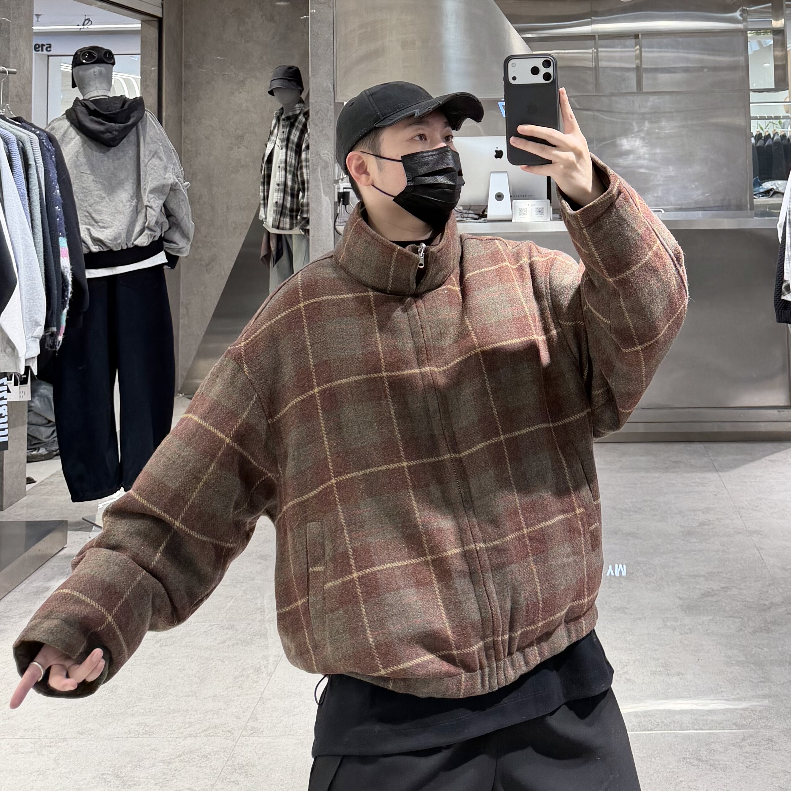 日言潮牌冬季立领鹅绒服男日系格纹两面穿宽松青年保暖白鹅绒外套