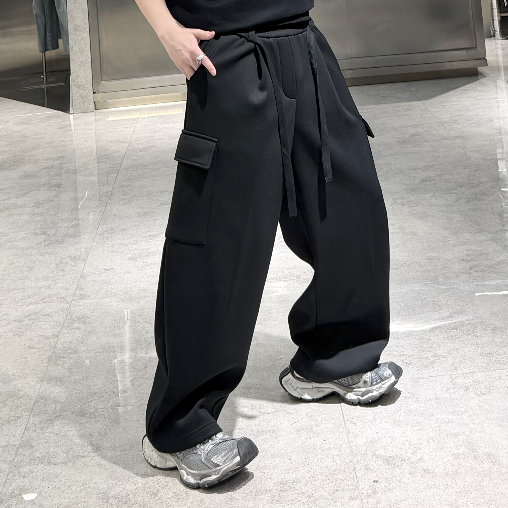 潮牌冬季加绒直筒裤男韩版纯色工装口袋宽松青年保暖百搭阔腿裤潮