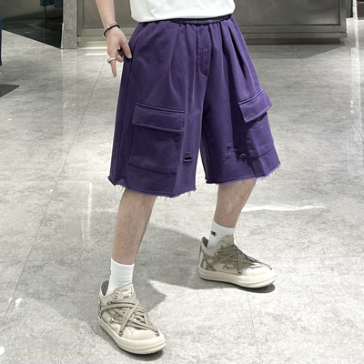 潮牌夏季重磅工装短裤男韩版纯色多口袋破洞毛边宽松青年五分裤潮