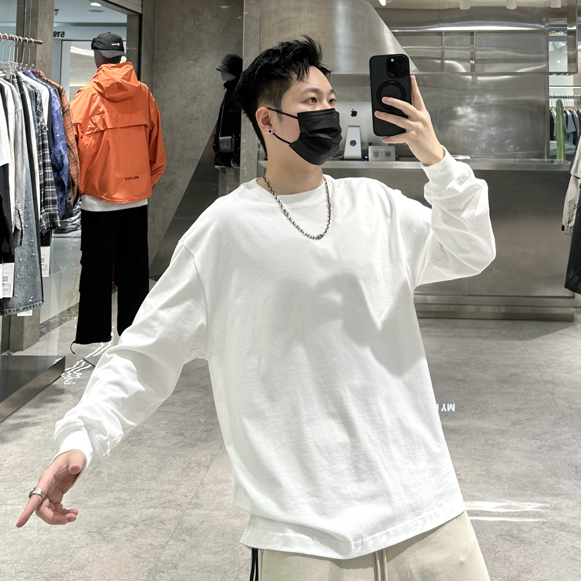 潮牌秋季长袖T恤男ins纯色光版宽松简约百搭纯棉打底衫上衣内搭T