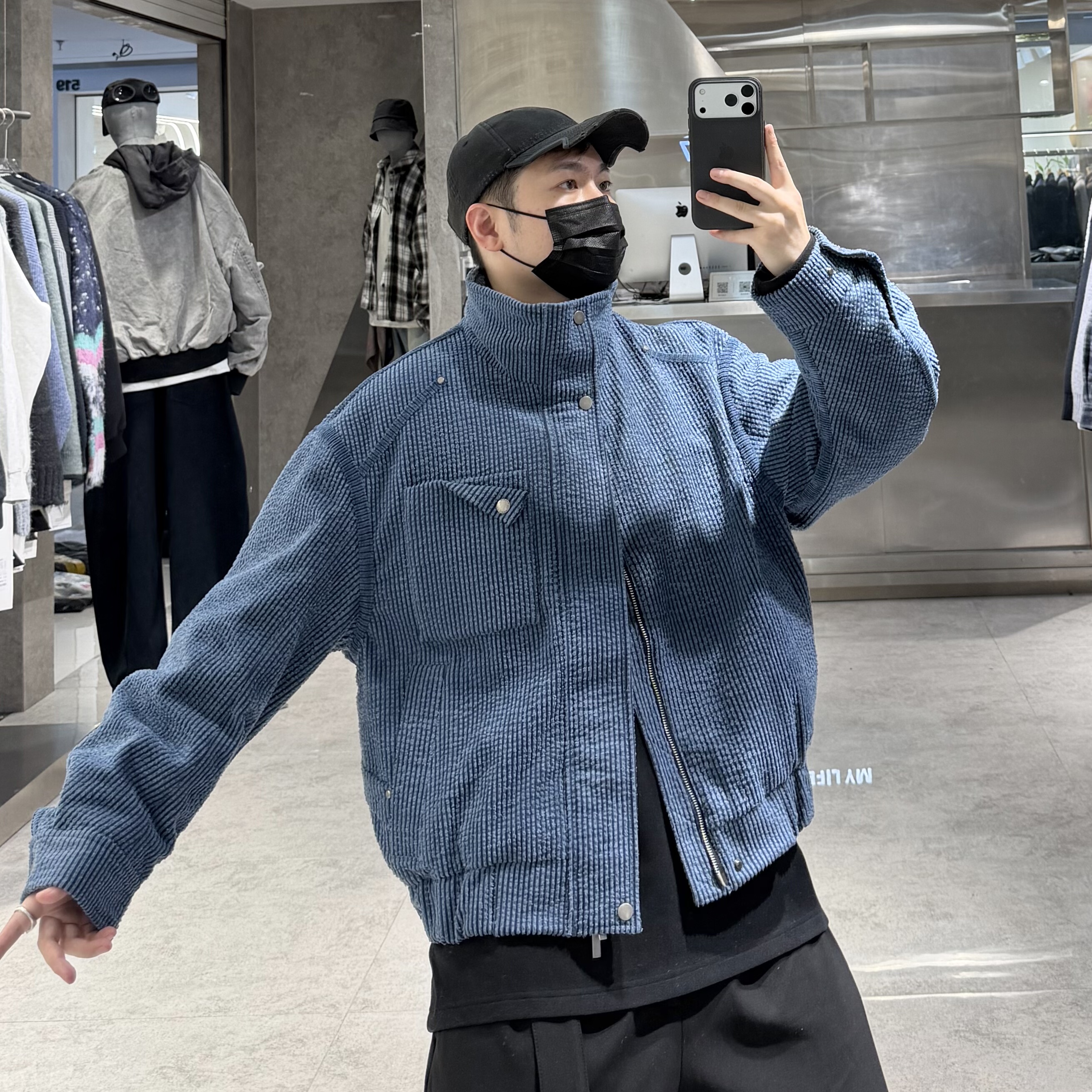 潮牌冬季立领短款羽绒服男韩版纯色灯芯绒工装宽松青年保暖夹克潮