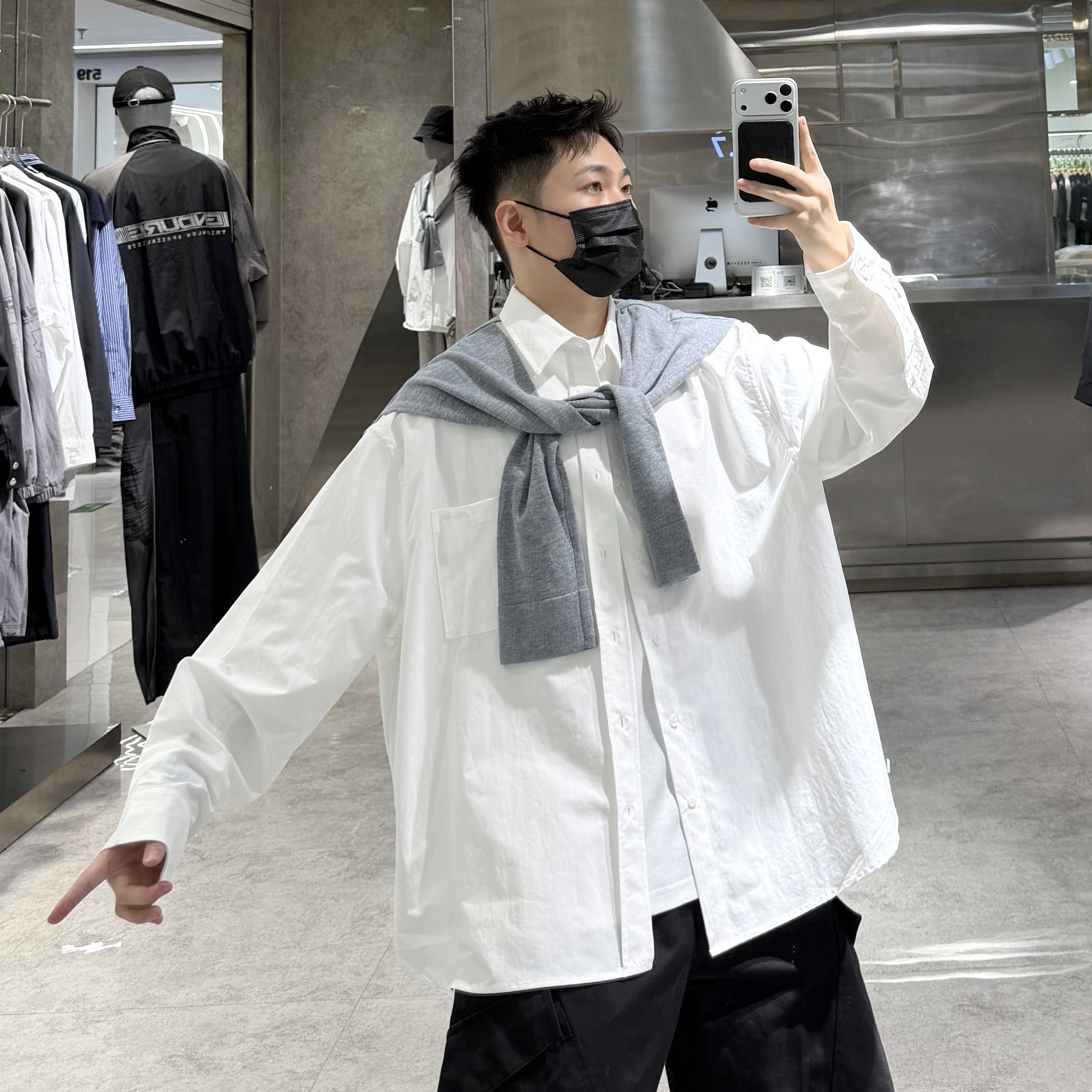 潮牌秋季衬衣外套男ins国潮假两件针织披肩宽松青年情侣帅气衬衫