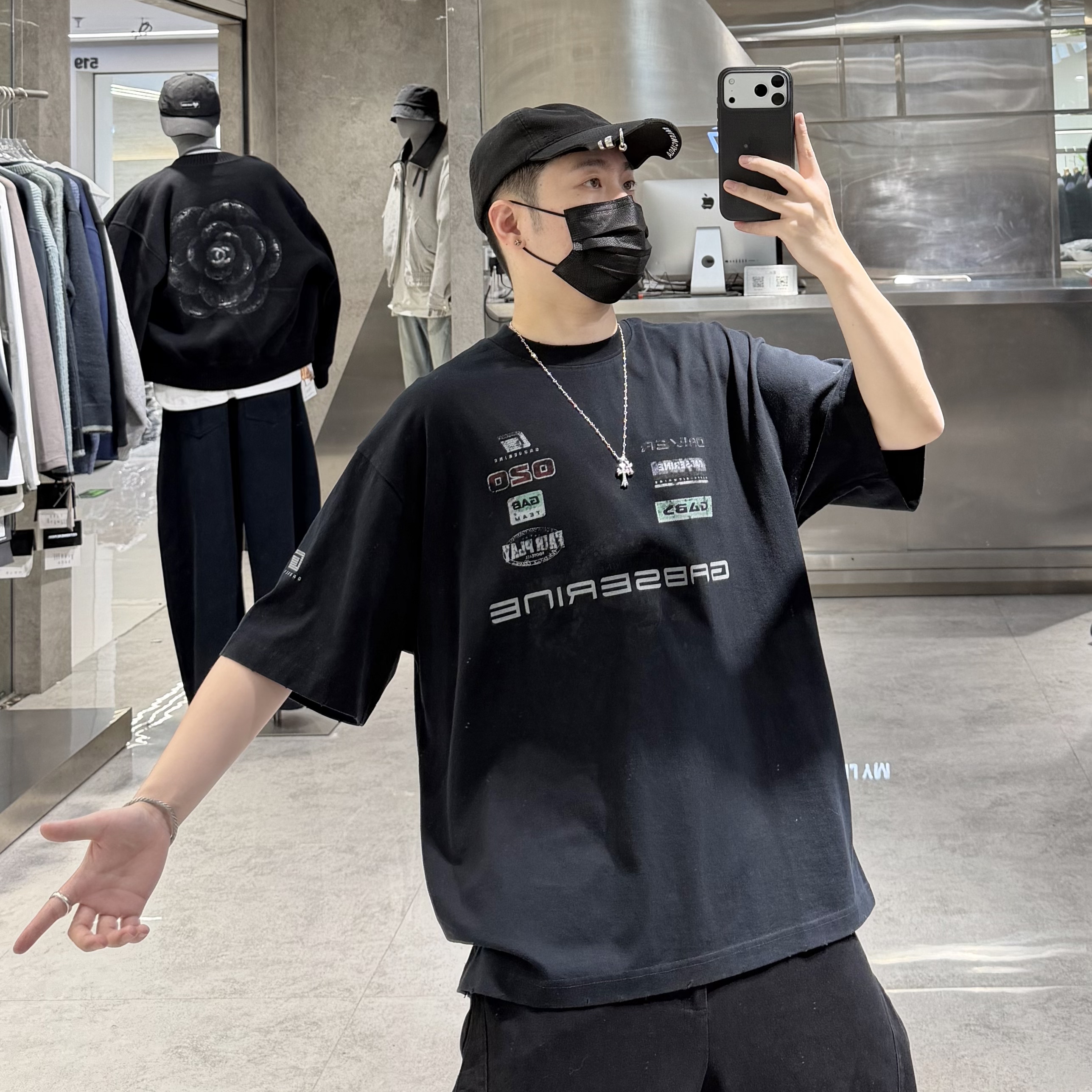 潮牌26春夏短袖T恤男ins美式巴黎风做旧字母印花宽松青年薄款半袖