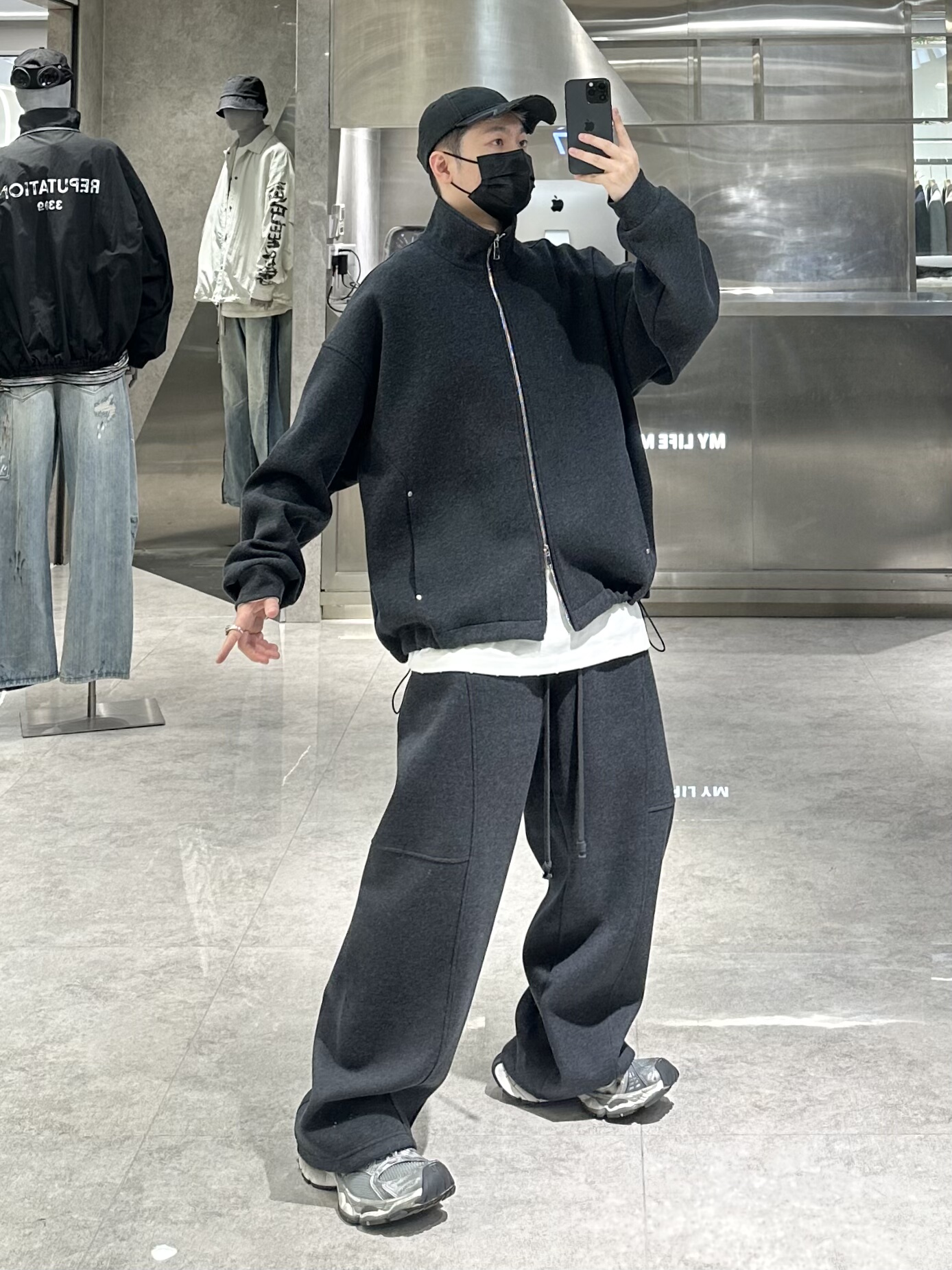 潮牌秋季套装男ins韩版纯色结构拼接宽松青年立领外套阔腿休闲裤
