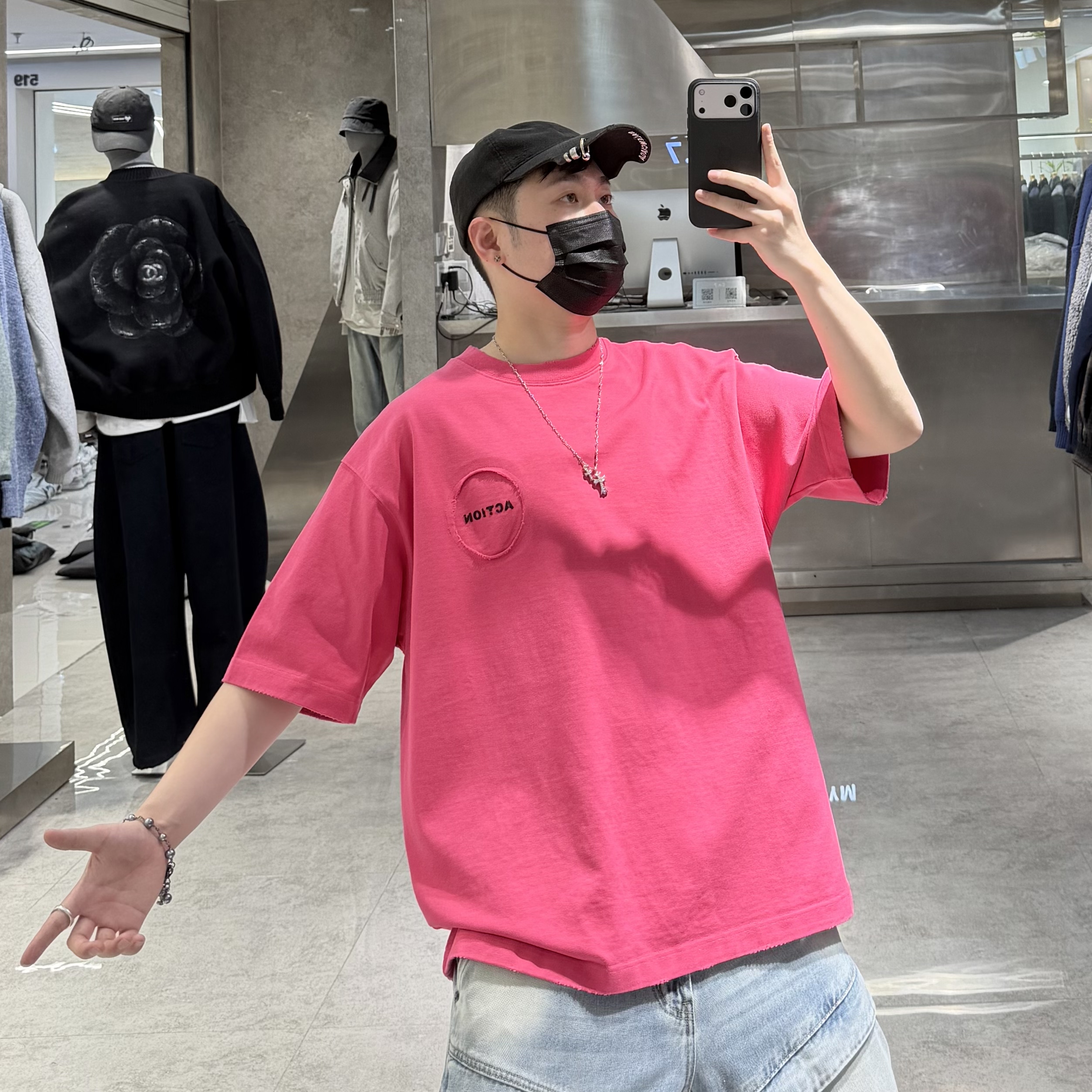 潮牌春夏重磅短袖T恤男ins韩版个性贴布刺绣宽松青年帅气情侣半袖