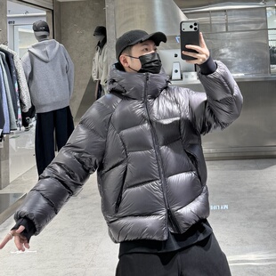 潮牌冬季 纯色亮面泡芙宽松青年保暖加厚羽绒衣潮 连帽羽绒服男韩版