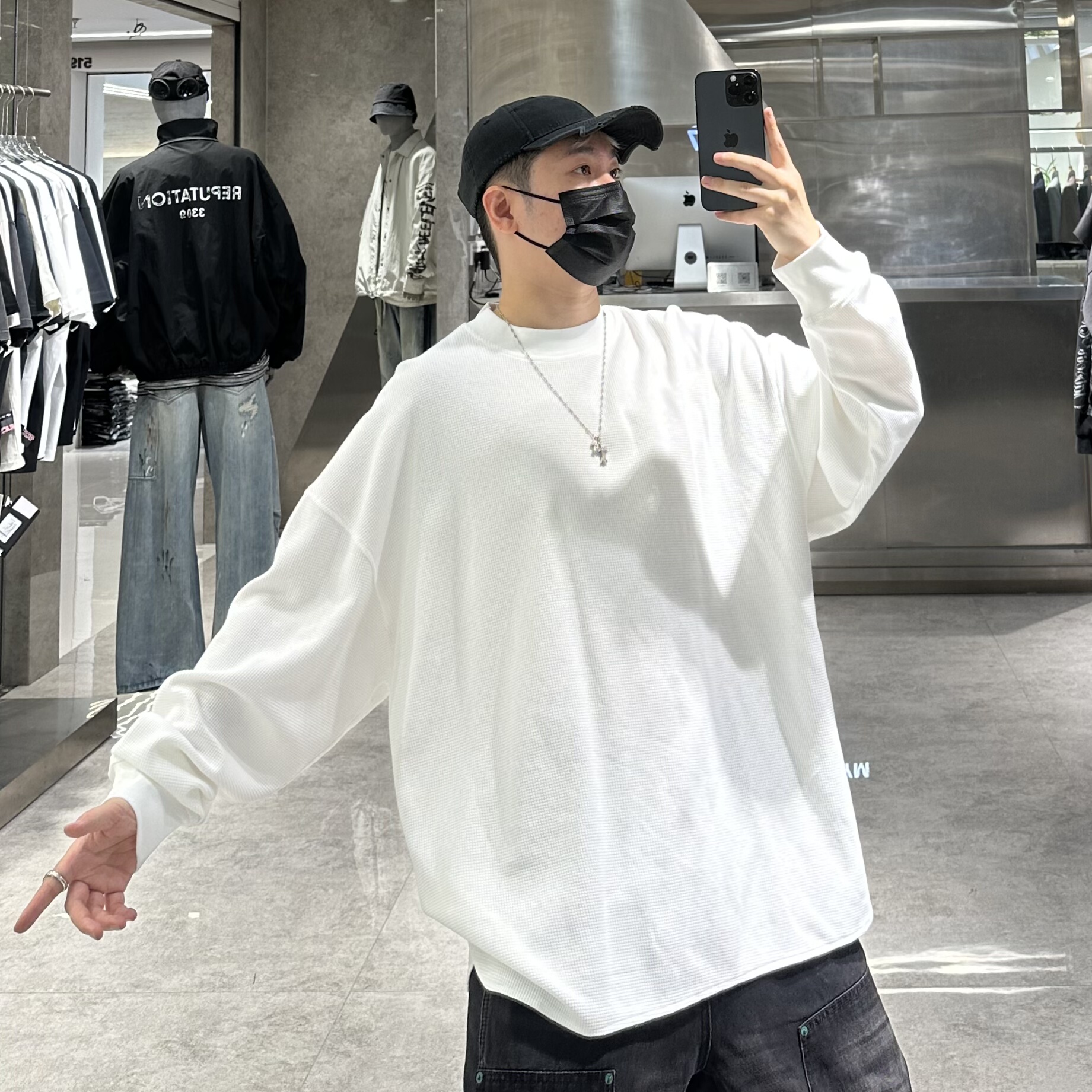 日言潮牌秋季长袖T恤男ins韩版纯色华夫格弧形宽松青年帅气内搭t