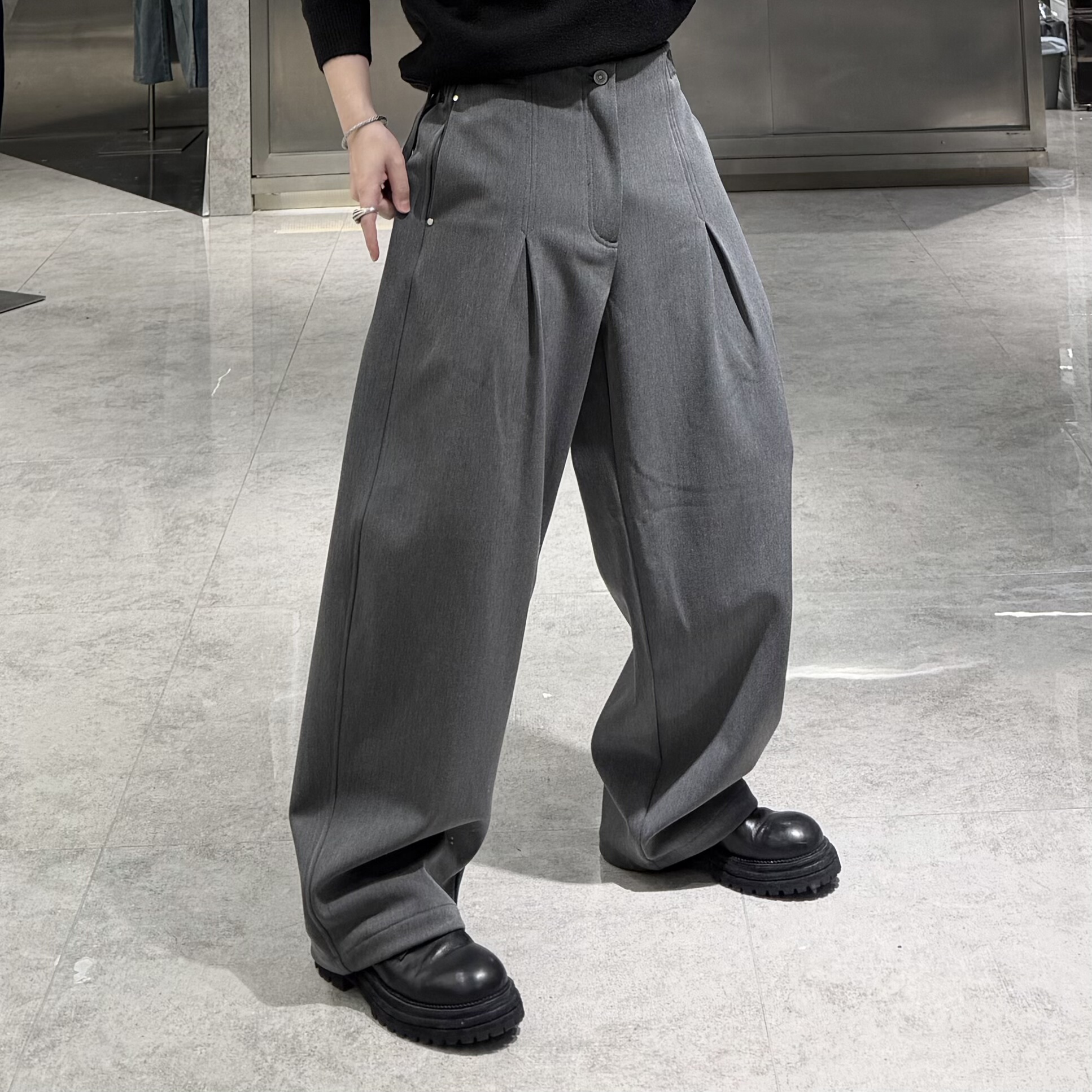 潮牌冬季加绒直筒西裤男韩版纯色结构拼接宽松青年保暖阔腿休闲裤