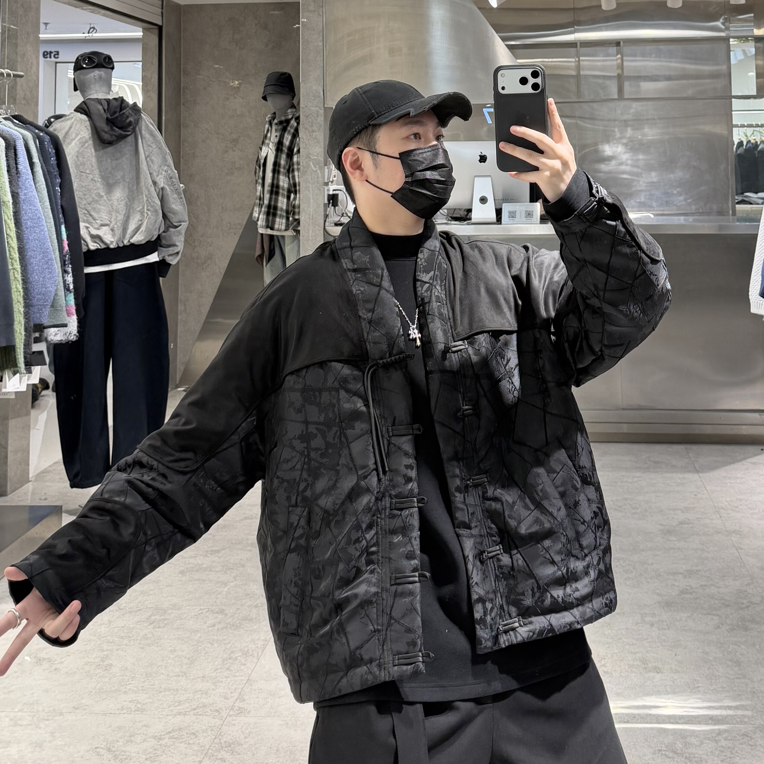 潮牌冬季新中式盘扣道袍羽绒服男国潮麂皮拼接保暖廓形白鸭绒外套