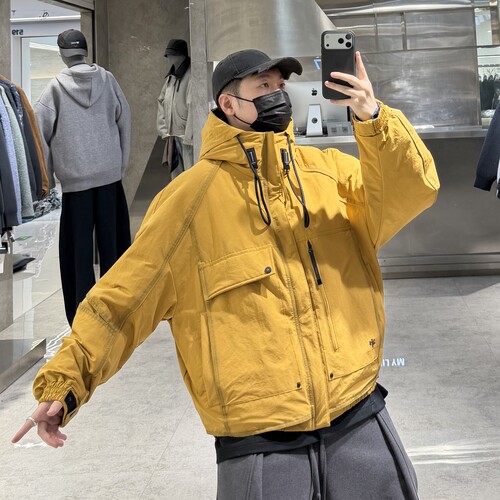 潮牌冬季连帽羽绒服男ins韩版工装结构拼接宽松青年保暖羽绒衣潮